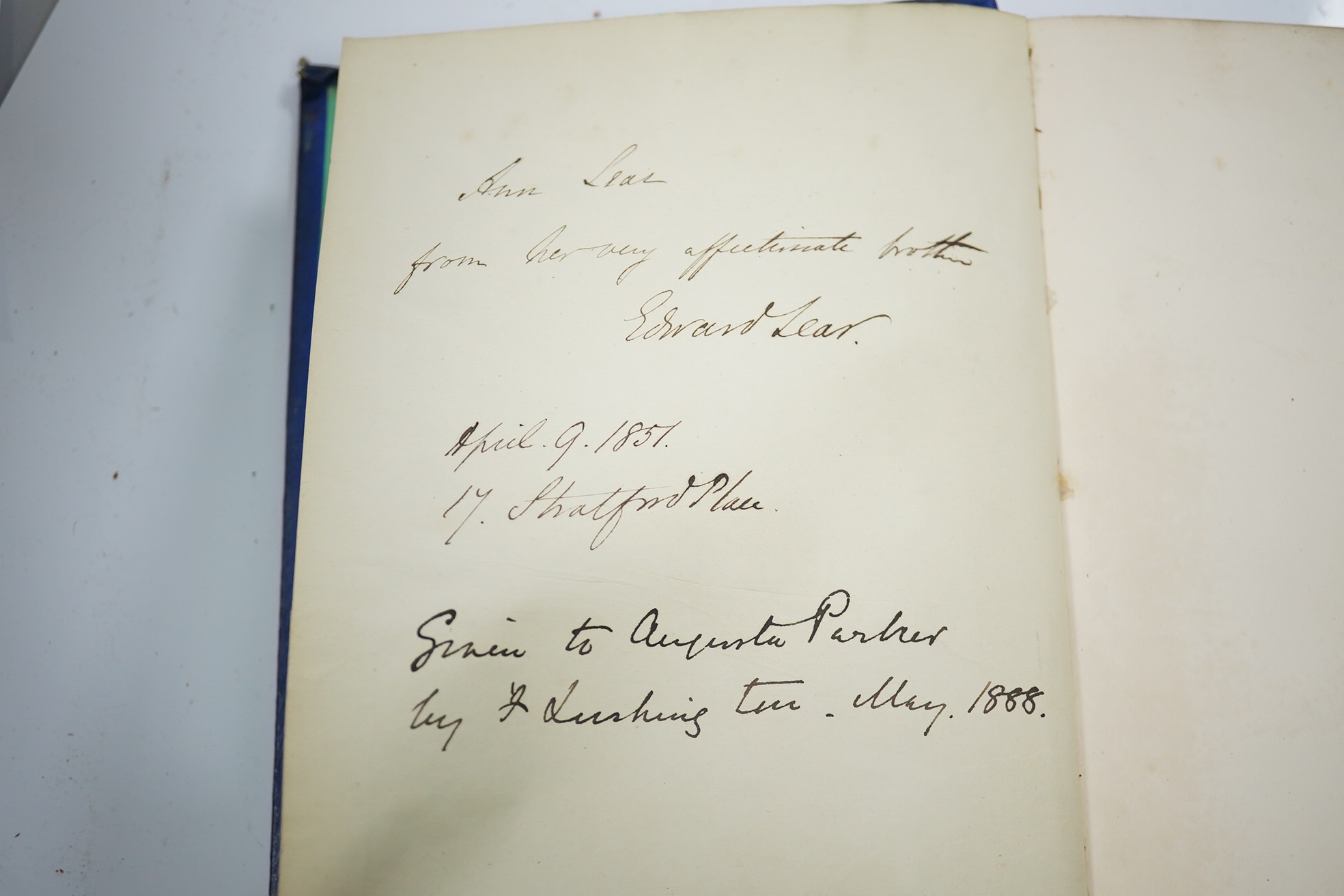 Lear, Edward - Journals of a Landscape Painter in Albania, 1st edition, original blind stamp blue cloth, gilt titles, spine bumped, small tear to upper front hinge, with litho map and 20 tinted litho plates, Richard Bent